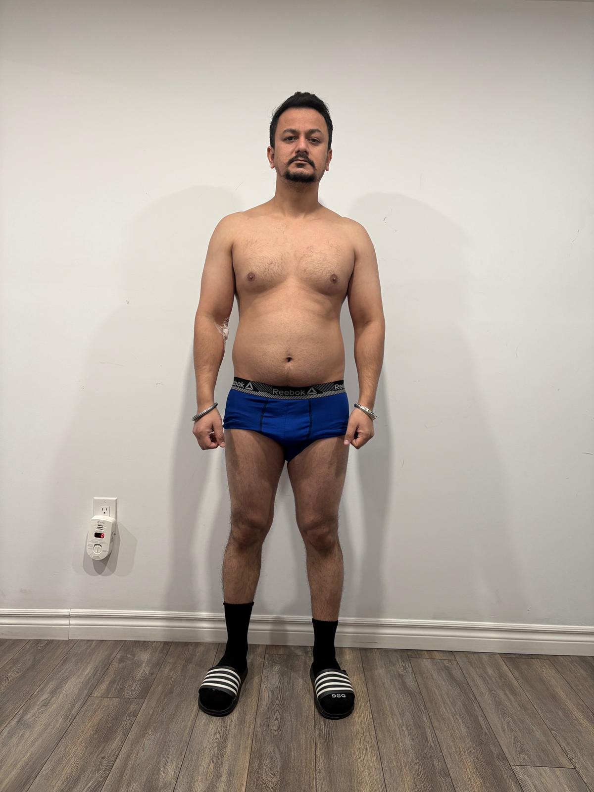 Manpreet at the beginning of his six-month Pack Leader Coaching body recomposition at 176 lbs with a 39-inch waist.